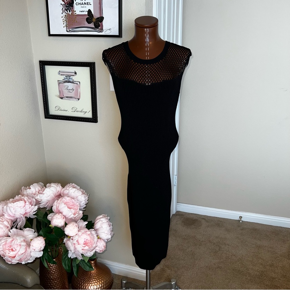 Marciano Black Mesh Detail Midi Dress